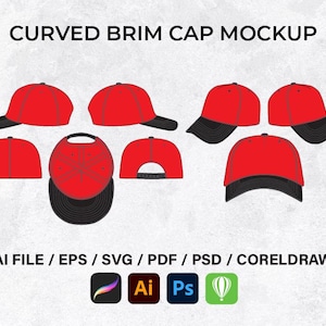 Кепка Snapback с изогнутыми полями, макет уличной кепки Flat Sketch, шаблон Illustrator, макет Procreate, пустой кепки Illustrator, технический пакет